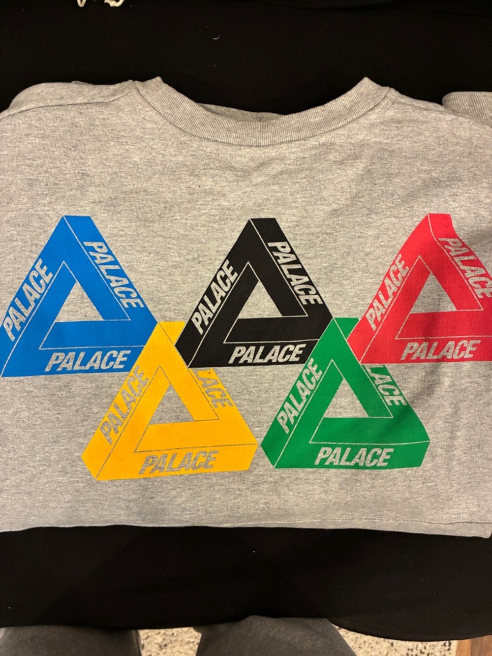 PALACE Grey Sweatshirt with Blue, Yellow, Black, Green & Red Triangle Logos